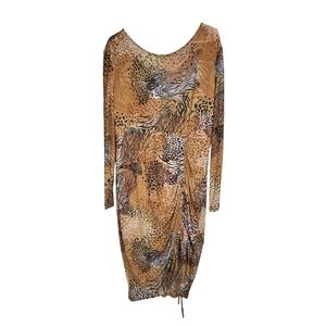 Bold Elements XL Mixed Animal Print Mesh Ruched Long Sleeve Midi Dress V-Back